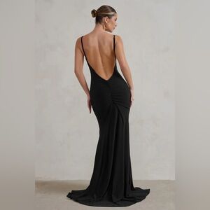 BLACK RUCHED FISHTAIL CAMI MAXI DRESS